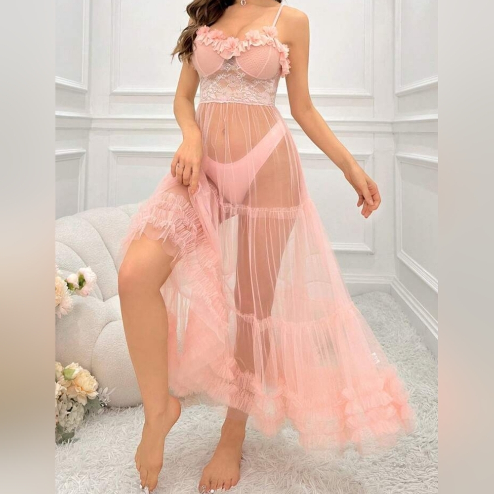 Multi-Layer Mesh Dress Decorated With 3d Floral Lace Long